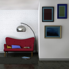 3D rendered image of a living room interior