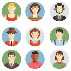 Boys and men faces icons in flat style