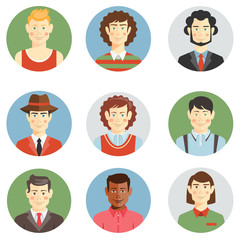 Boys and men faces icons in flat style