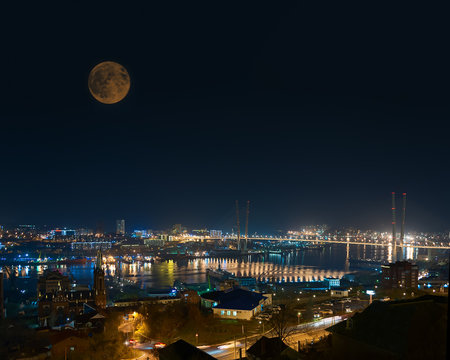 Night View of Bridge over Golden Horn (Zolotoy Rog) Bay.