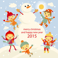 Winter Fun snowman kids vector 2015 retro