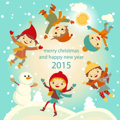 Happy kids playing with snow retro christmas card. Vector