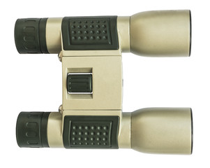 Aureate binoculars isolated on white background, top view