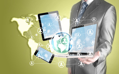 Business man using tablet PC and smartphone social connection