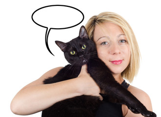 Young blonde woman holding a cat with thought cloud on white