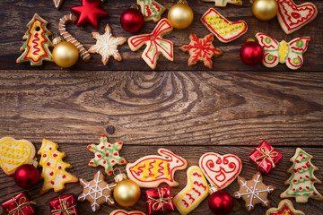 Gingerbread reindeer cookies and christmas decoration 