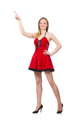 Woman pressing virtual button isolated on white