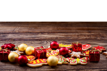 Gingerbread reindeer cookies and christmas decoration 