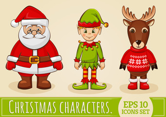 Christmas characters: Santa, elf and reindeer. Vector set.
