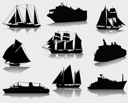 Black silhouettes and shadows of ships, vector