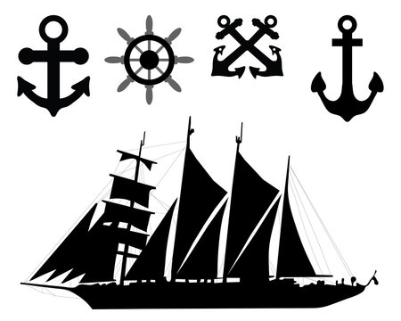 Vector  illustration of  anchors, rudders and sailboat
