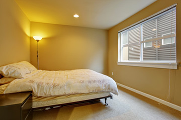 Warm bedroom interior with a lamp turned on