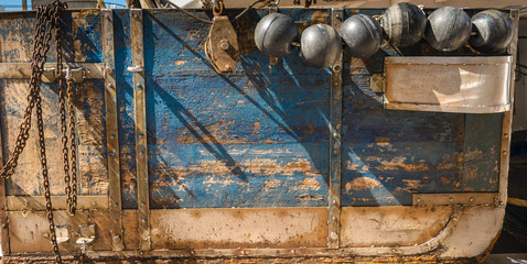Closeup of blue old wood board of old ship