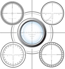 Set of sniper scopes over white background.