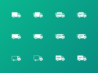 Delivery Trucks icons on green background.