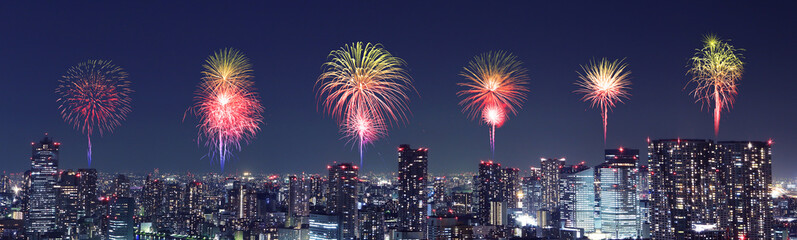 Fireworks celebrating over Tokyo cityscape at night, Japan