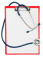 stethoscope and blue clipboard isolated on white