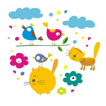 cats and birds cartoon card