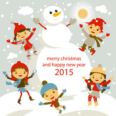 set of characters funny kids  winter snow vector 2015