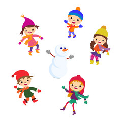 Winter Little kids snowman children vector set