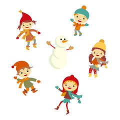 Winter Little kids snowman children vector set