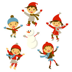 Obraz na płótnie Canvas Winter Little kids snowman children vector set