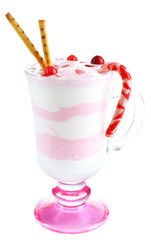 Cranberry milk dessert in glass, isolated on white