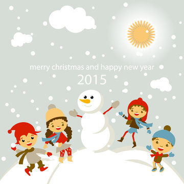 set of characters funny kids  winter snow vector 2015