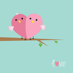 Two pink birds in shape of heart Love cart Flat 