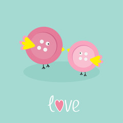 Two pink button birds Love cart Flat design style