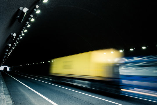 motion truck go through the tunnel