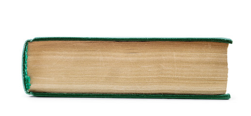 Vintage book in a green shell from the perspective of the side o