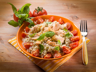 barley risotto with fresh salmon and tomatoes