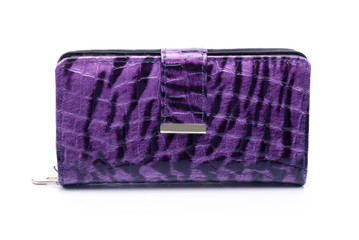 Women's purple leather wallet on a white background - obrazy, fototapety, plakaty