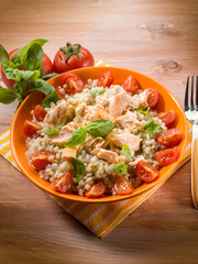 barley risotto with fresh salmon and tomatoes