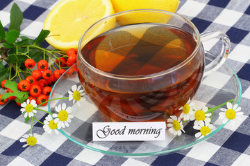 Good morning card with cup of chamomile tea