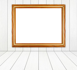 Fototapeta na wymiar wood frame in room with white wood wall and wood floor backgroun