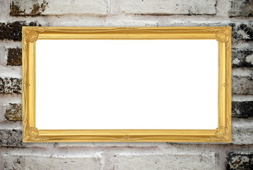 golden frame on brick stone wall background