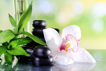 Spa stones, bamboo branches and white orchid