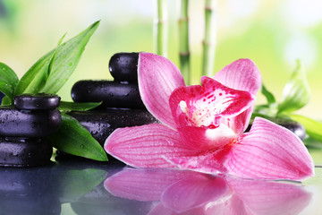 Spa stones, bamboo branches and lilac orchid