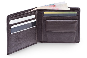 Open brown leather wallet with money