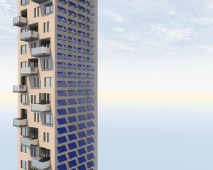 Foto auf Leinwand Hoog gebouw met gevel bedekt met zonne panelen © emieldelange