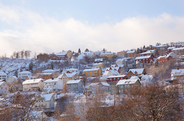 Winter view of houses in Trondheim city Norway