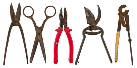 Old isolated tools:pliers, adjustable spanner, scissors, scissor