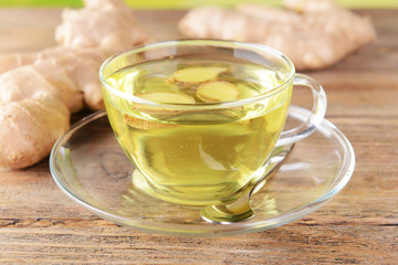 Ginger tea with lemon on table close-up
