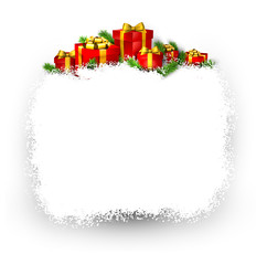 Snow frame with red gift boxes.
