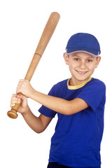 Young boy and bat isolated on white background