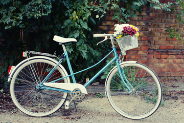 Old bicycle with flowers in metal basket on old wall background