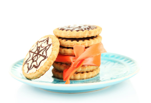 Tasty Halloween Cookies On Plate, Isolated On White