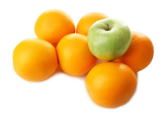 Juicy oranges and green apple, isolated on white